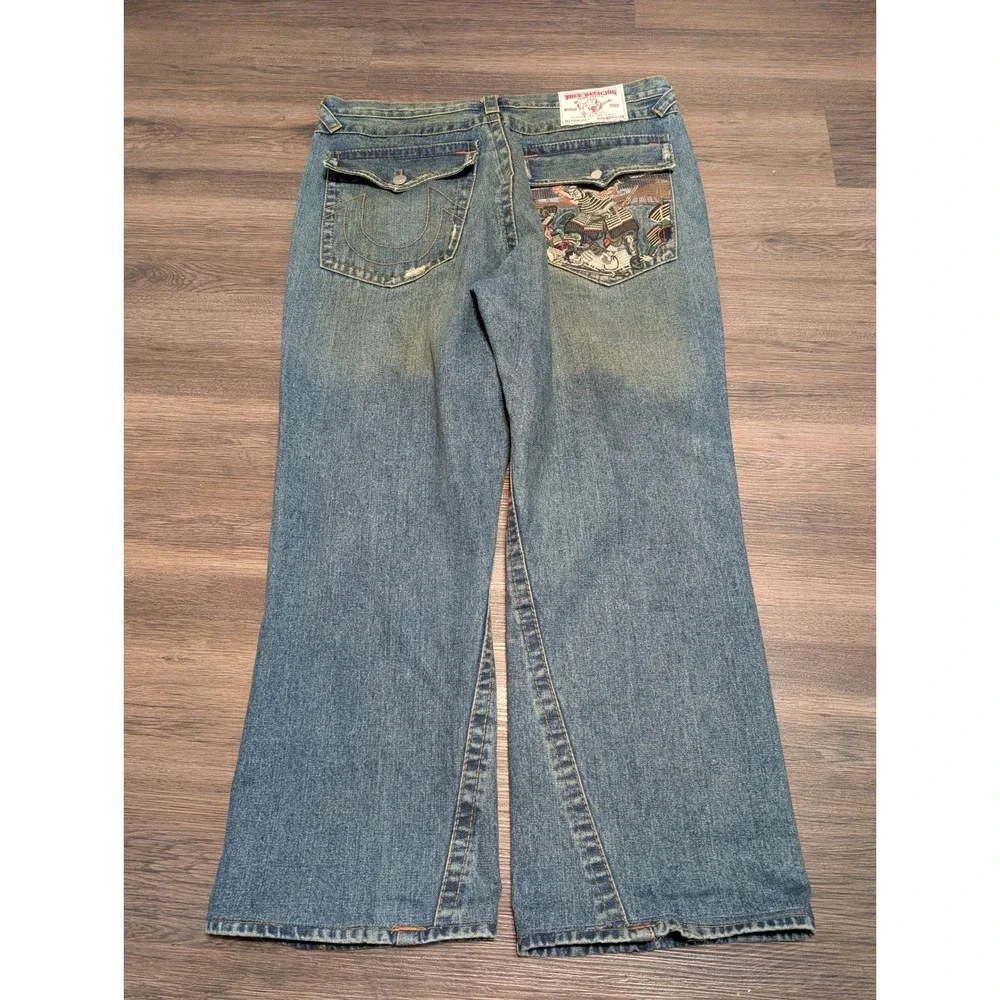 True Religion Joey Samurai Graphic Flare Jeans Mens 40x29 Twisted‎ Seam